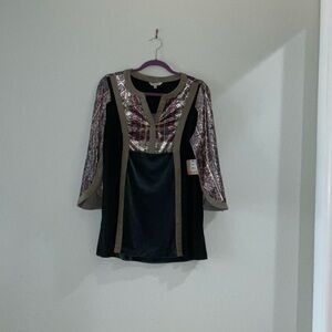 JOHN MARK Velour Peasant Tunic Top Multi-Color Boho Design Long Sleeve